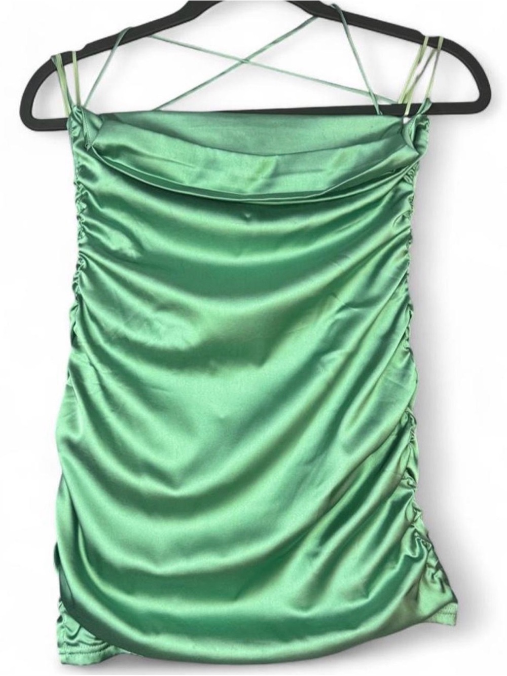 Satin Cowl Neck Ruched Tank Top - Green
